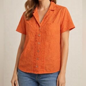 Anthropologie Maeve Vintage Orange Eyelet Button-Front Short Sleeve Shirt size 0